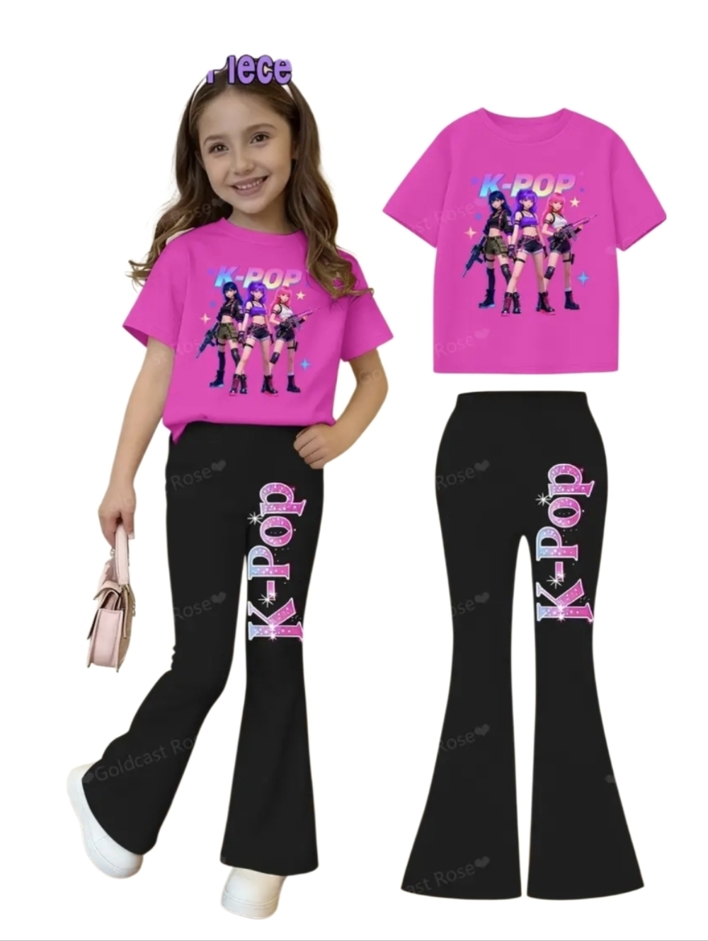 #K13-14 K-Pop  Girls K-POP Graphic Tee & Bell Bottom Set - Hot Pink & Black